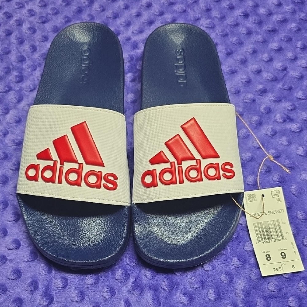 adidas White Strap Navy Slide Sandals with Red Logo
